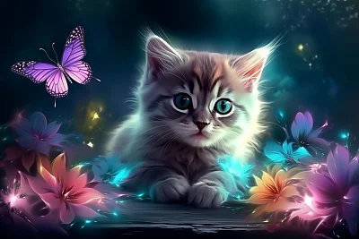 霓虹风格小猫与自然风景画