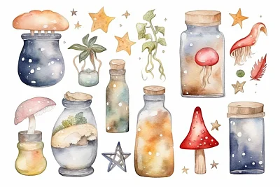 魔法水晶与星星月亮水彩画