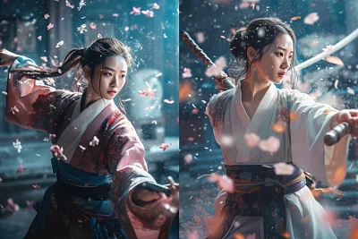 中国美女汉服挥剑自卫电影化场景