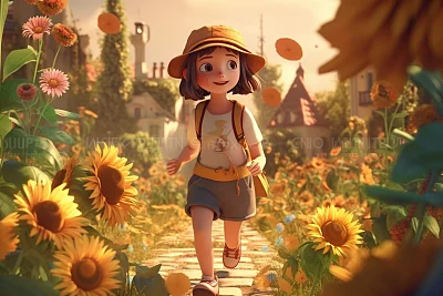 害羞女孩戴太阳帽奔跑拥抱