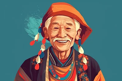 云南傣族老人慈祥微笑插画
