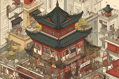 像素风格中国大都市建筑插图