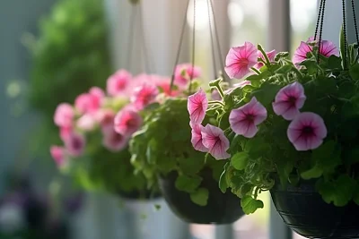 粉红色矮牵牛花悬挂屋檐