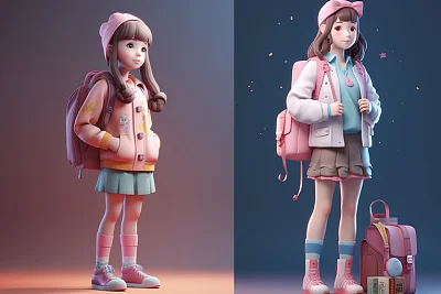 3D渲染可爱小女孩学生艺术作品