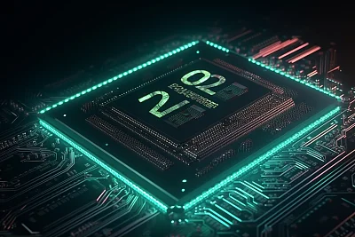 2024年未来主板微芯片新年照明标志3D渲染