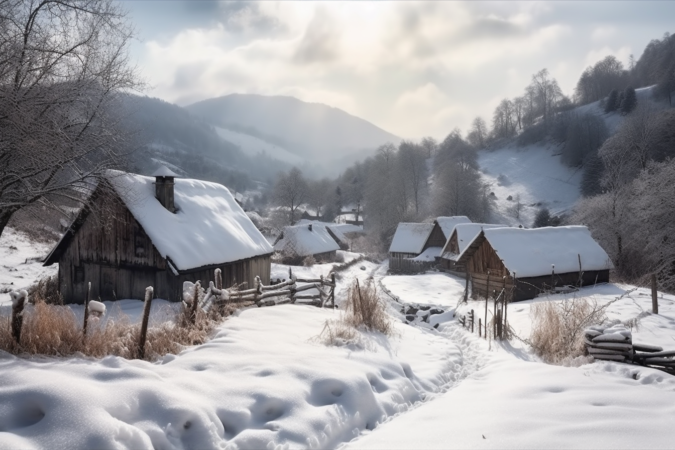 乌克兰喀尔巴阡山村冬季雪景 