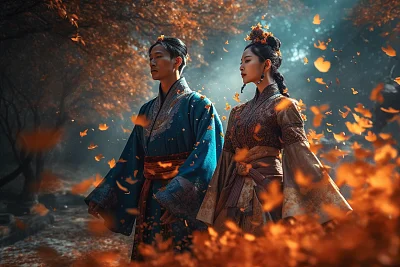 彩色汉服情侣中国功夫艺术