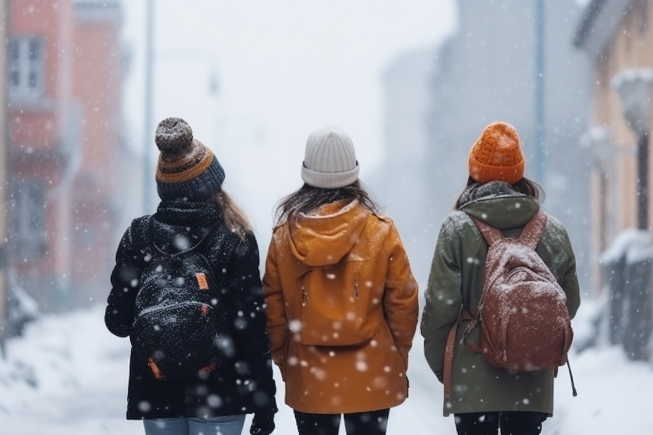 冬日雪景中快乐年轻人的背影