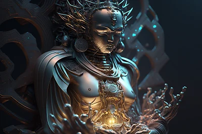 未来感赛博朋克风格金属佛像3D艺术