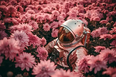 宇航员躺粉色大丽花草地夜晚照片