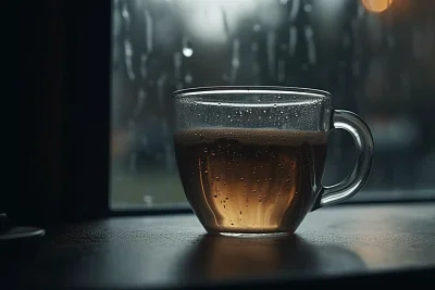 雨天窗户前热气腾腾的咖啡杯