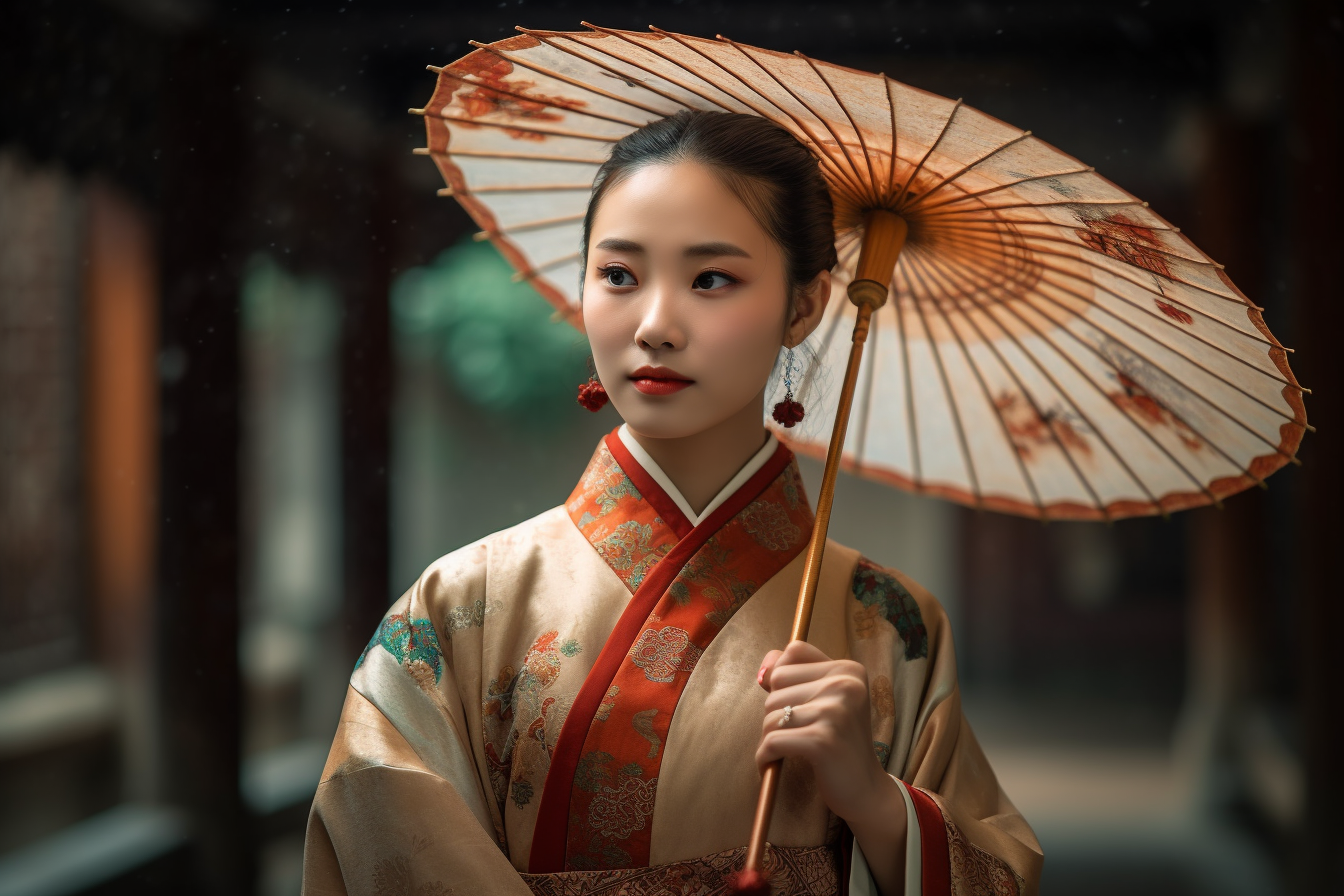 汉服女孩手持油纸伞在古寺庭院