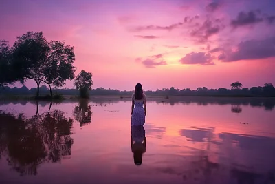 粉红湖畔紫罗兰落日美景