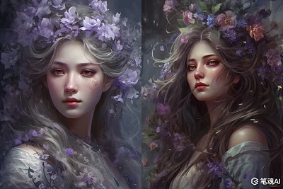 深银色长发女子环绕鲜花幻想插图