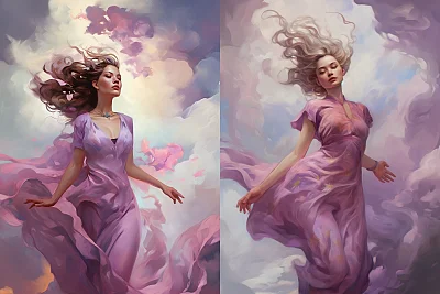 紫色连衣裙女子飞翔幻想画