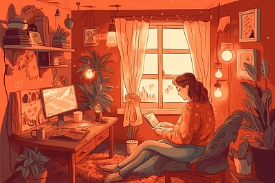 女性社交媒体用户日常生活的卡通插图