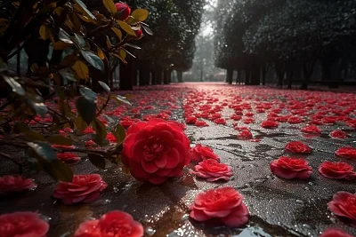 雨中盛开的红色山茶花树庭院景观