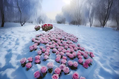 雪地中的粉红爱心玫瑰花园