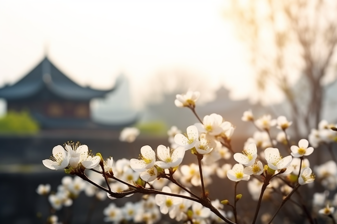 春日古建筑逆光白花盛开