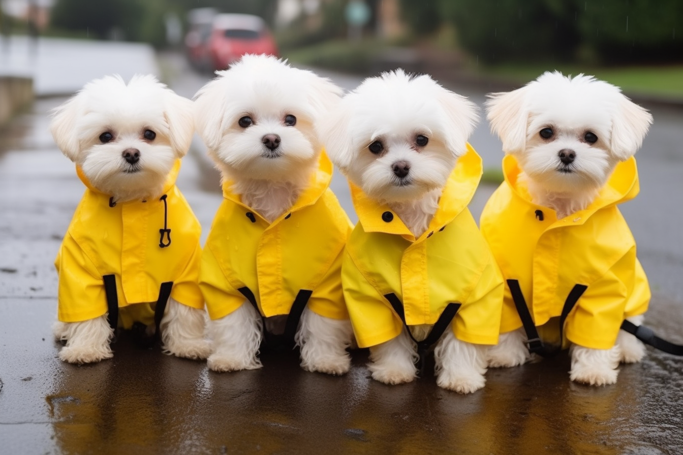 四只黄雨衣马耳他小狗雨中站立