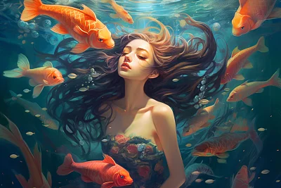 中国女孩美人鱼水下插画