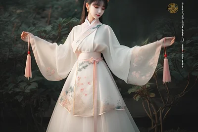 唐装汉服裙摆绣花兔子玫瑰