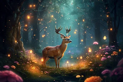 魔幻森林中的发光梅花鹿与百花盛开