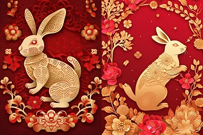 新年兔子红色金色插图