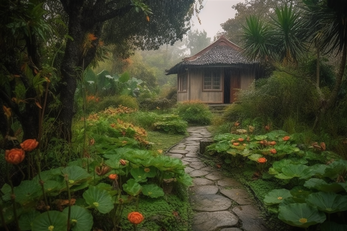 禅意深邃的雨中曲径花园