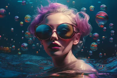 情感丰富的水中漂浮女性现代艺术