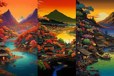 异国情调湖畔古老山村风光