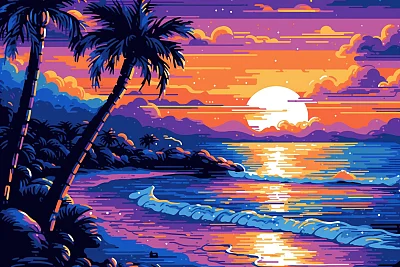 彩色彩绘瓦胡岛海滩日落图画小说风格