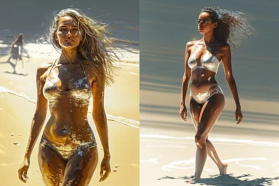 超现实主义海滩美女阳光下湿润皮肤