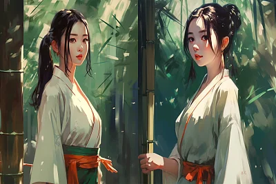 油画风格竹林女孩丸子头