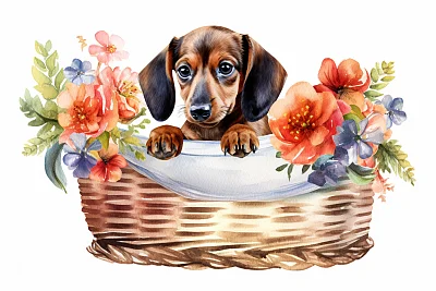 超现实主义水彩画小腊肠犬花篮