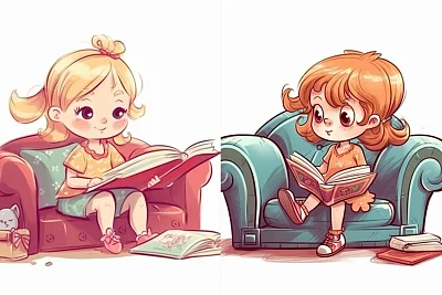 卡通风格小女孩沙发看书
