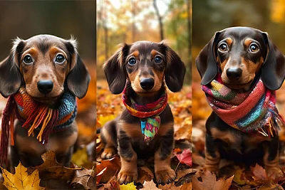 秋日落叶中围巾腊肠犬欢跃