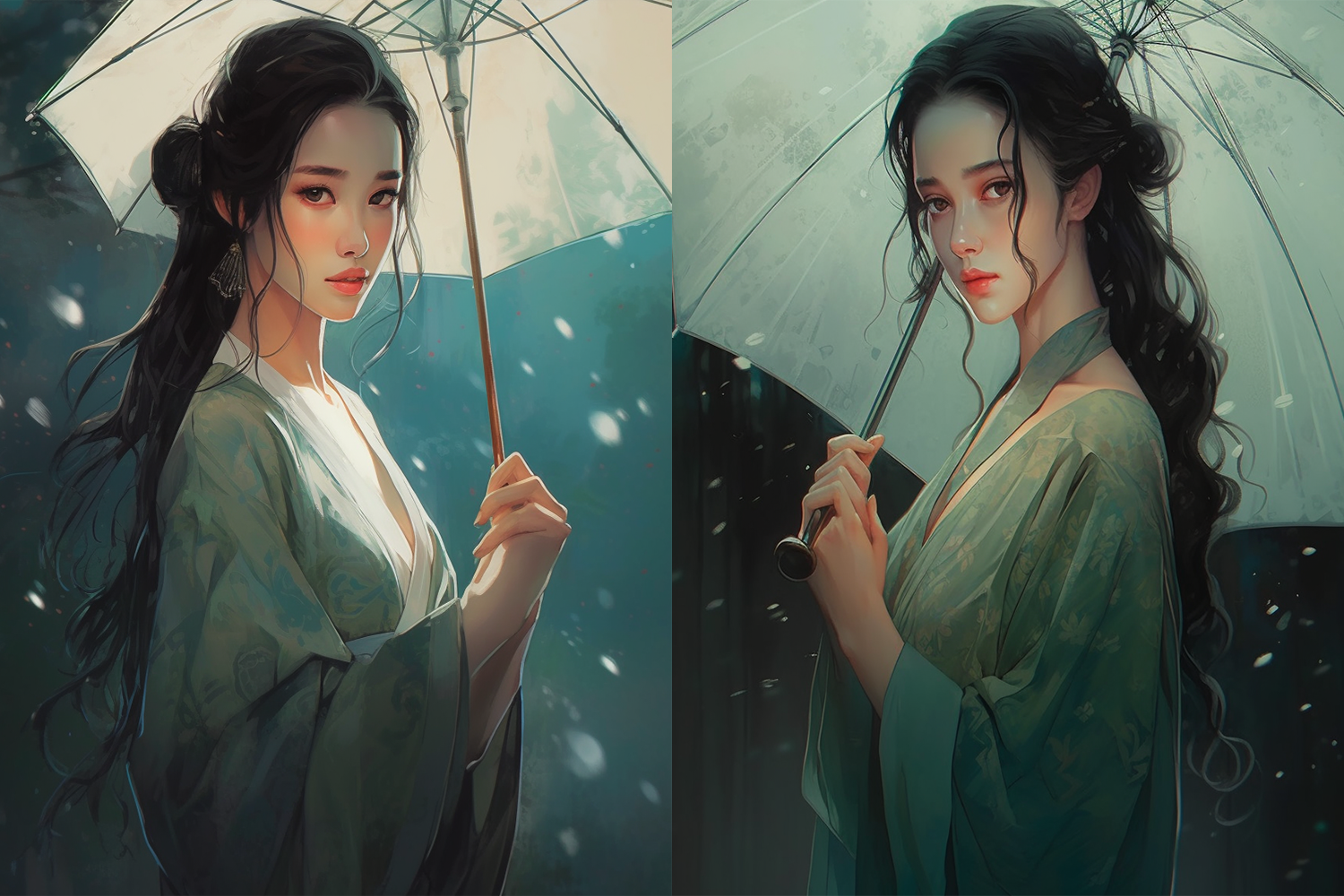 雨中撑油纸伞的卷发女子油画