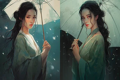 雨中撑油纸伞的卷发女子油画