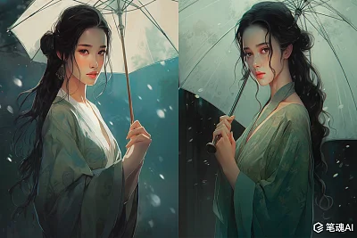 雨中撑油纸伞的卷发女子油画