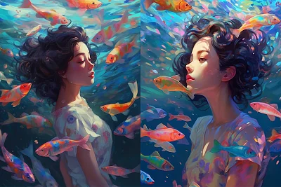 水中漂浮女子与五彩鱼油画