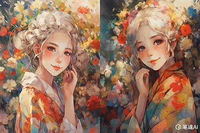 银色长卷发女孩花丛油画风格