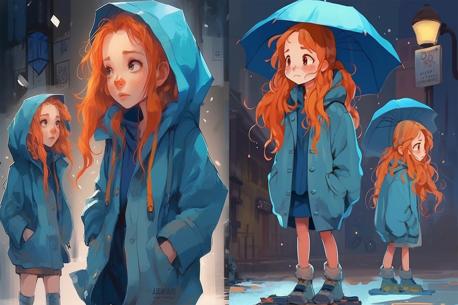 橙色长发女孩雨中街景插画