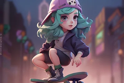 街头风格女孩绿紫发色插画