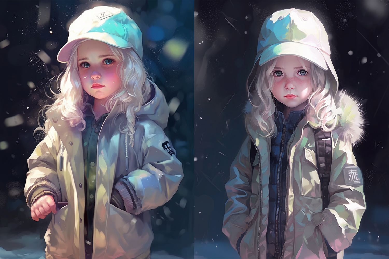 雪地中穿银色羽绒服的白发小女孩油画