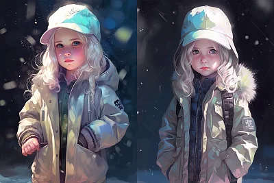 雪地中穿银色羽绒服的白发小女孩油画