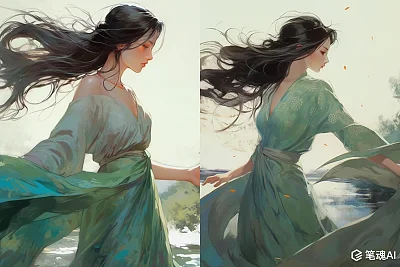 河边风中飘逸的绿裙女子油画