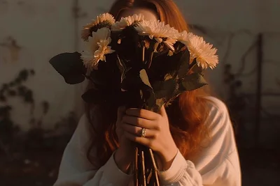 女孩遮脸手持花束