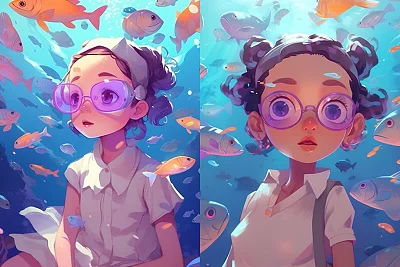 女孩麻花辫跳水插画