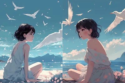 海滨女子白色裙子与海鸥插画